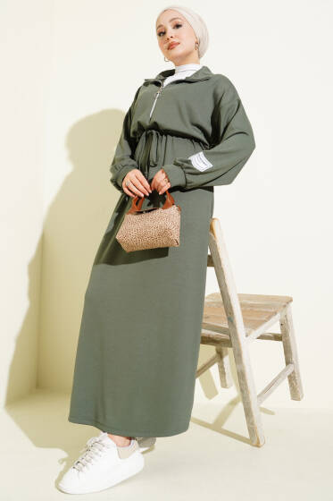 Yarım Fermuarlı Armalı Loyşa Elbise Haki - Elbise