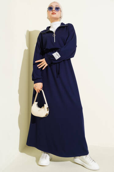 Yarım Fermuarlı Armalı Loyşa Elbise Lacivert - Elbise