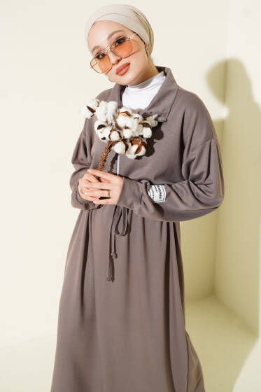 Yarım Fermuarlı Armalı Loyşa Elbise Vizon - Elbise