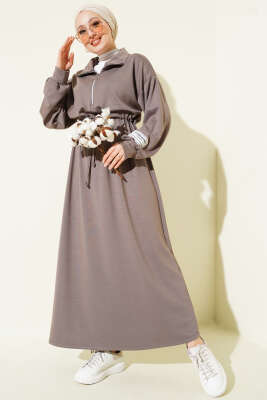 Yarım Fermuarlı Armalı Loyşa Elbise Vizon - Elbise