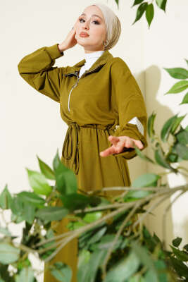 Yarım Fermuarlı Armalı Loyşa Elbise Yağ Yeşili - NESSİA