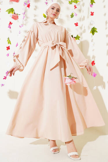 Yarım Fermuarlı Balon Kol Terikoton Elbise Bej - Elbise