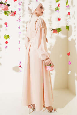 Yarım Fermuarlı Balon Kol Terikoton Elbise Bej - Tesettür Elbise