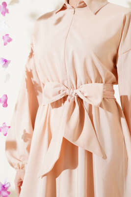 Yarım Fermuarlı Balon Kol Terikoton Elbise Bej - Tesettür Elbise