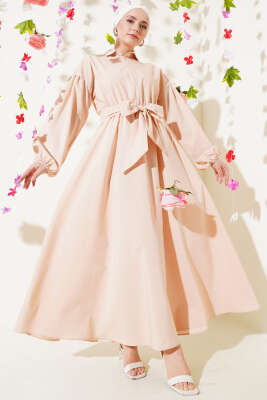 Yarım Fermuarlı Balon Kol Terikoton Elbise Bej 