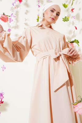 Yarım Fermuarlı Balon Kol Terikoton Elbise Bej - Tesettür Elbise