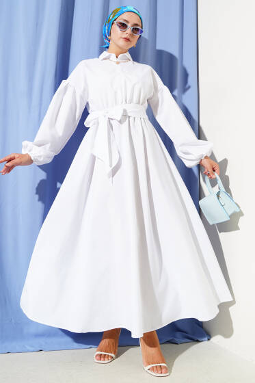 Yarım Fermuarlı Balon Kol Terikoton Elbise Beyaz - Elbise
