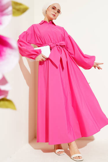 Yarım Fermuarlı Balon Kol Terikoton Elbise Fuşya - Elbise