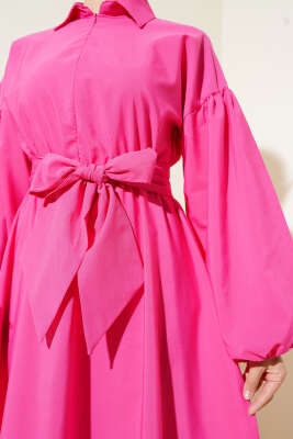 Yarım Fermuarlı Balon Kol Terikoton Elbise Fuşya - Tesettür Elbise