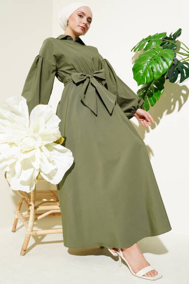 Yarım Fermuarlı Balon Kol Terikoton Elbise Haki - Elbise