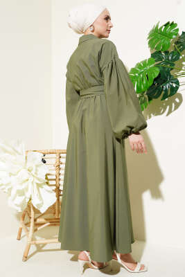 Yarım Fermuarlı Balon Kol Terikoton Elbise Haki - Tesettür Elbise