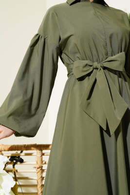 Yarım Fermuarlı Balon Kol Terikoton Elbise Haki - Tesettür Elbise