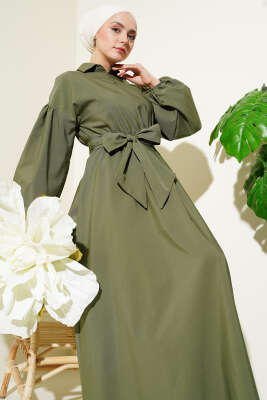 Yarım Fermuarlı Balon Kol Terikoton Elbise Haki - Tesettür Elbise