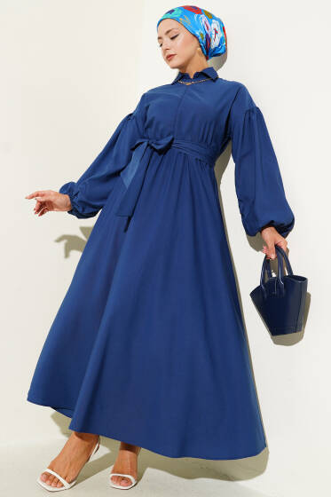 Yarım Fermuarlı Balon Kol Terikoton Elbise Lacivert - Elbise