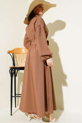 Yarım Fermuarlı Balon Kol Terikoton Elbise Latte - Tesettür Elbise
