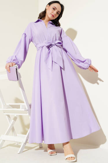 Yarım Fermuarlı Balon Kol Terikoton Elbise Lila - Elbise
