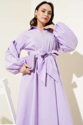 Yarım Fermuarlı Balon Kol Terikoton Elbise Lila - Tesettür Elbise