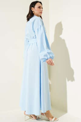 Yarım Fermuarlı Balon Kol Terikoton Elbise Mavi - Tesettür Elbise