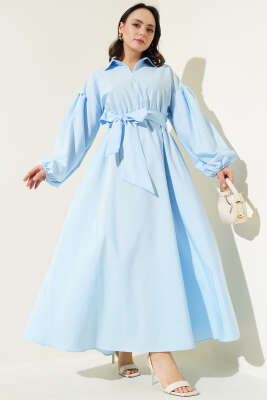 Yarım Fermuarlı Balon Kol Terikoton Elbise Mavi 