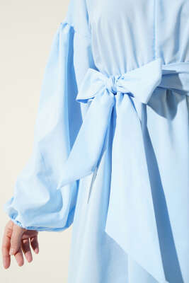 Yarım Fermuarlı Balon Kol Terikoton Elbise Mavi - Tesettür Elbise