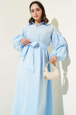 Yarım Fermuarlı Balon Kol Terikoton Elbise Mavi - Tesettür Elbise