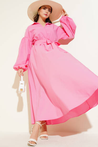 Yarım Fermuarlı Balon Kol Terikoton Elbise Pembe - Elbise