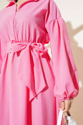 Yarım Fermuarlı Balon Kol Terikoton Elbise Pembe - Tesettür Elbise