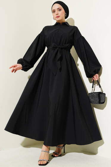 Yarım Fermuarlı Balon Kol Terikoton Elbise Siyah - Elbise