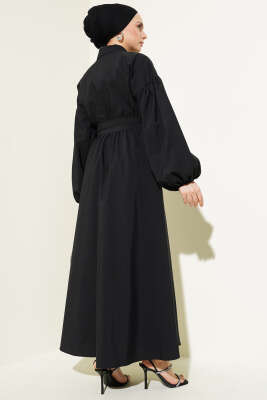 Yarım Fermuarlı Balon Kol Terikoton Elbise Siyah - Tesettür Elbise