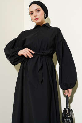 Yarım Fermuarlı Balon Kol Terikoton Elbise Siyah - Tesettür Elbise