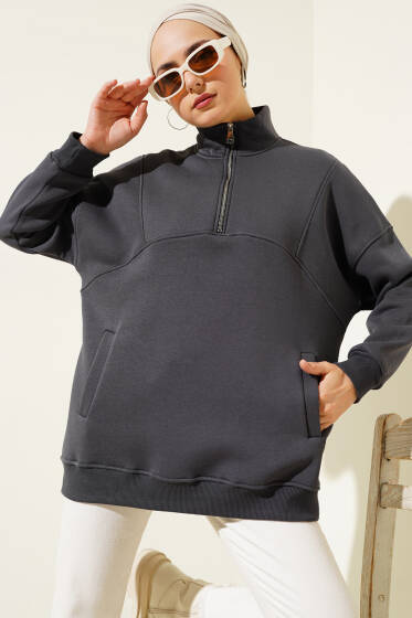 Yarım Fermuarlı Basic Üç İplik Tunik Füme - Tunik