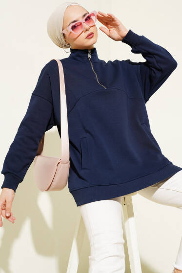 Yarım Fermuarlı Basic Üç İplik Tunik Lacivert - Tunik