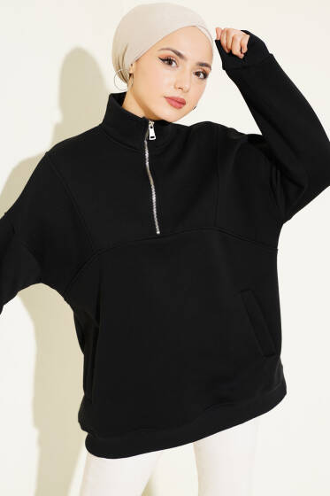 Yarım Fermuarlı Basic Üç İplik Tunik Siyah - Tunik