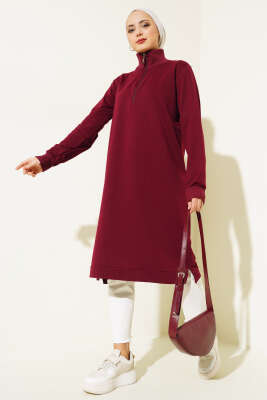 Yarım Fermuarlı Basıc Uzun Tunik Bordo - 100-300 TL Ürünler