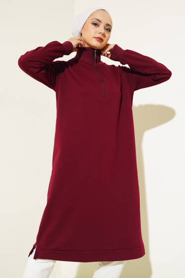 Yarım Fermuarlı Basıc Uzun Tunik Bordo - Yılın Fırsatı 