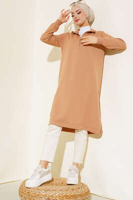 Yarım Fermuarlı Basıc Uzun Tunik Camel 