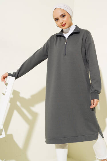 Yarım Fermuarlı Basıc Uzun Tunik Füme - Yılın Fırsatı 