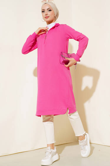 Yarım Fermuarlı Basıc Uzun Tunik Fuşya - Yılın Fırsatı 