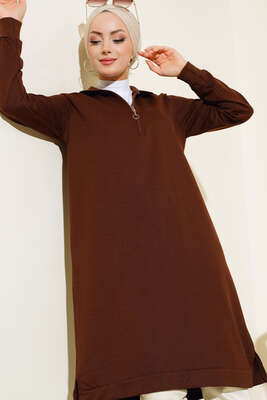 Yarım Fermuarlı Basıc Uzun Tunik Kahve - 100-300 TL Ürünler