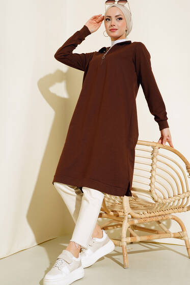 Yarım Fermuarlı Basıc Uzun Tunik Kahve - Tunik