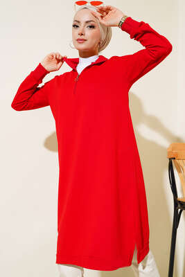 Yarım Fermuarlı Basıc Uzun Tunik Kırmızı - Thumbnail