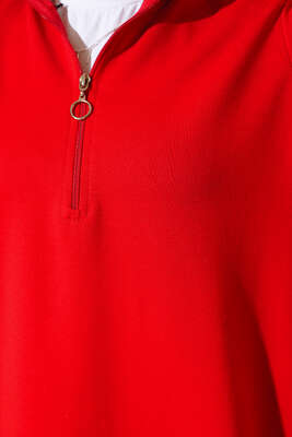 Yarım Fermuarlı Basıc Uzun Tunik Kırmızı - Thumbnail