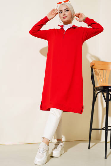 Yarım Fermuarlı Basıc Uzun Tunik Kırmızı - Yılın Fırsatı 