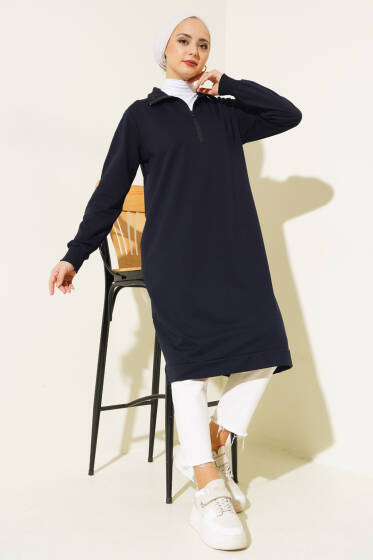 Yarım Fermuarlı Basıc Uzun Tunik Lacivert - Tunik