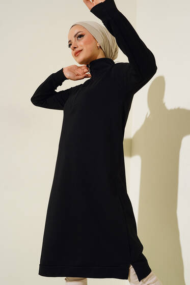 Yarım Fermuarlı Basıc Uzun Tunik Siyah - Yılın Fırsatı 