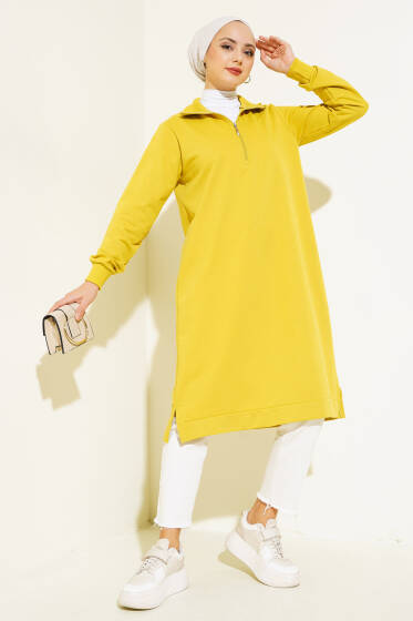 Yarım Fermuarlı Basıc Uzun Tunik Yağ Yeşili - Yılın Fırsatı 