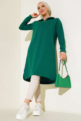 Yarım Fermuarlı Basıc Uzun Tunik Zümrüt Yeşili - 100-300 TL Ürünler