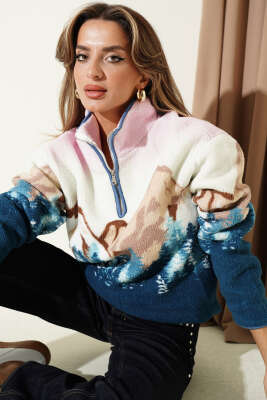 Yarım Fermuarlı Baskılı Peluş Sweatshirt Mavi - Kadın Giyim Modelleri