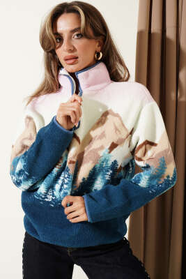 Yarım Fermuarlı Baskılı Peluş Sweatshirt Mavi - Kadın Giyim Modelleri