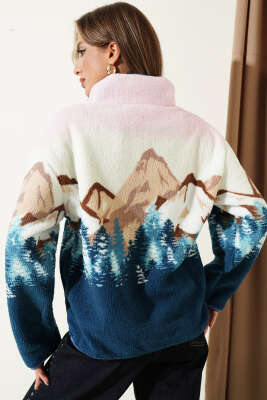 Yarım Fermuarlı Baskılı Peluş Sweatshirt Mavi - Kadın Giyim Modelleri